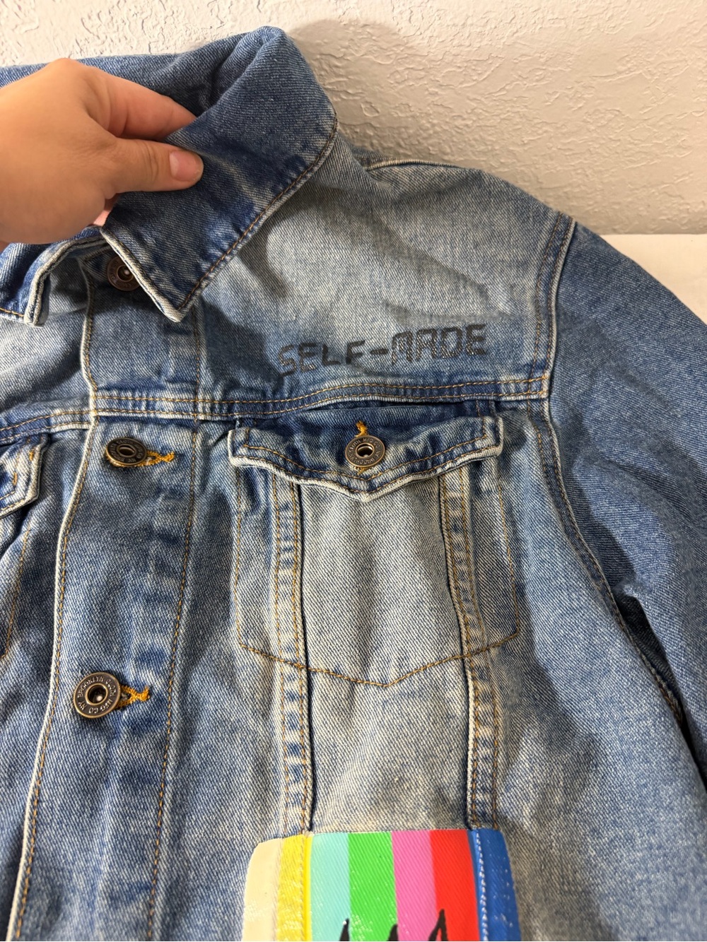 Brooklyn Cloth Light Blue Denim Jacket with Multicolor Patch Accents - Picture 4 of 10